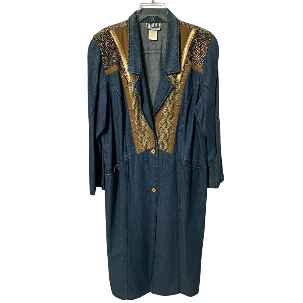 City Girl Sport Vintage Denim Mixed Media Jacket Womens Size 16 Longline Duster